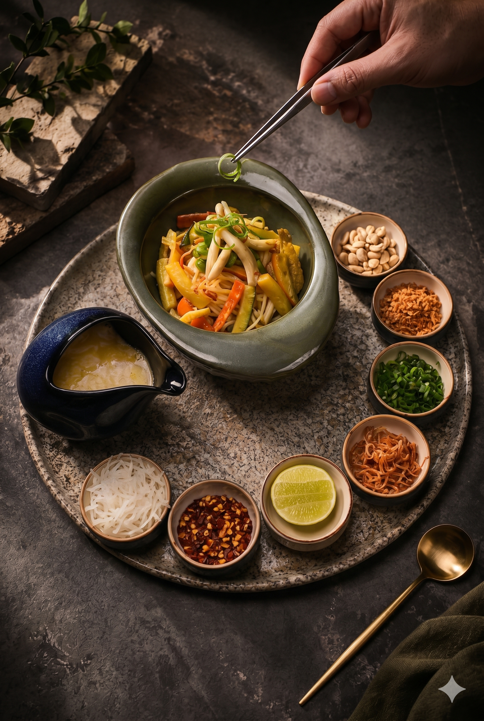 Close-up of the chef's hands plating a dish